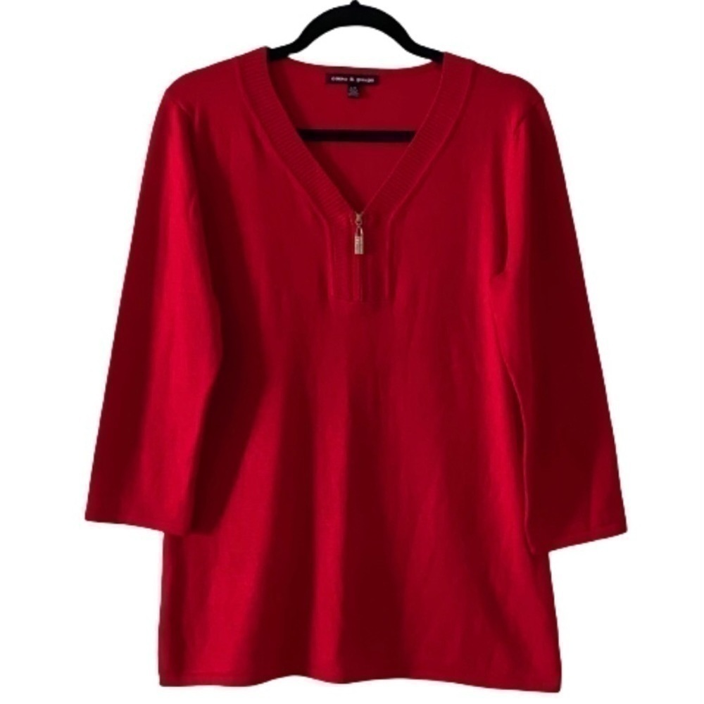 Cable & Gauge Red 3/4 Sleeve V-neck Zipper Rhinestone Accents Sweater‌‌‌‌‌‍‍‍‍‍‍